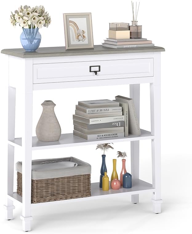 30 Inch Console Table for Entryway, Narrow Entry Table for Living Room Entryway Home w/Drawer and Bottom Shelf, White