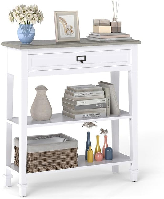 30 Inch Console Table for Entryway, Narrow Entry Table for Living Room Entryway Home w/Drawer and Bottom Shelf, White