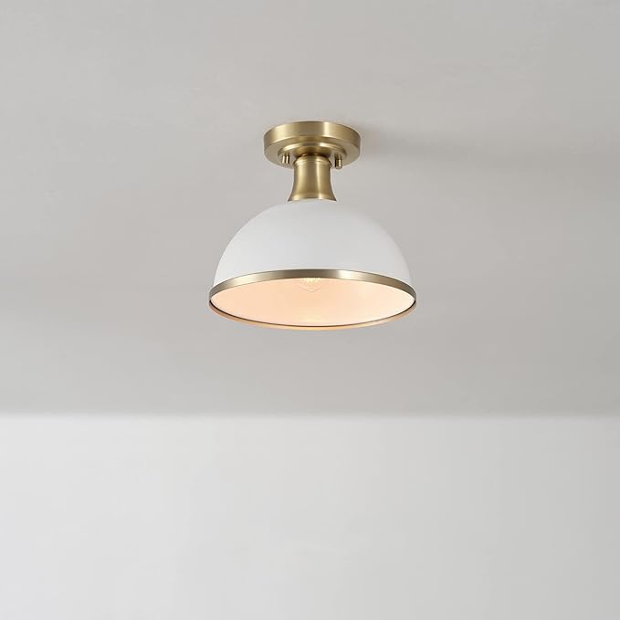 GLOBE Electric 66000037 1-Light Semi-Flush Mount Ceiling Light, Matte White, Brass Accents, Bedroom Lighting Fixtures Ceiling, Dining Room Fixture, Timeless Lighting for Hallway or Dining Room