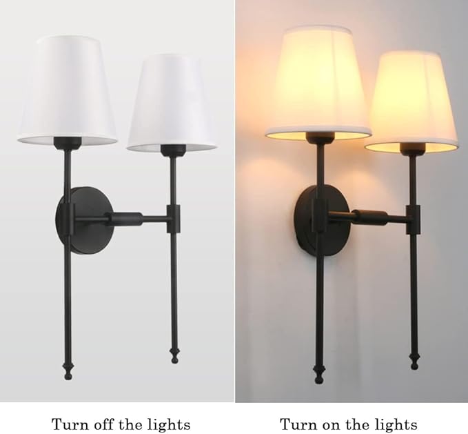 PERMO Classic Rustic Double Sconce 2-Lights Wall Sconce Lighting Fixture with Flared White Textile Lamp Shade and and Black Finished Long Arm,Wall Sconce Light Fixture for Bathroom Bedroom Bedside