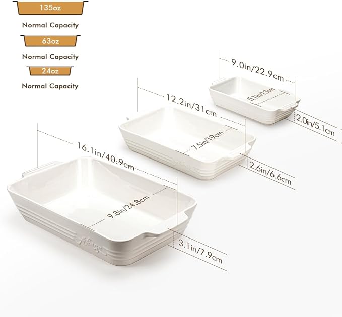 Ceramic Baking Dish Set, 3-Piece Casserole Dishes for Oven, Rectangular Baking Pans, Deep Lasagna Pans with Handles, Multi-Size Set for Cooking, Baking, Serving, and Gifting, White (16.1''/12.2''/9'')
