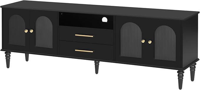 Merax 68.9'' TV Stand for TVs up to 75 Inches, Entertainment Center Media Console Table with Storage Cabinet, Fluted Glass Doors, Wood Legs for Living Room