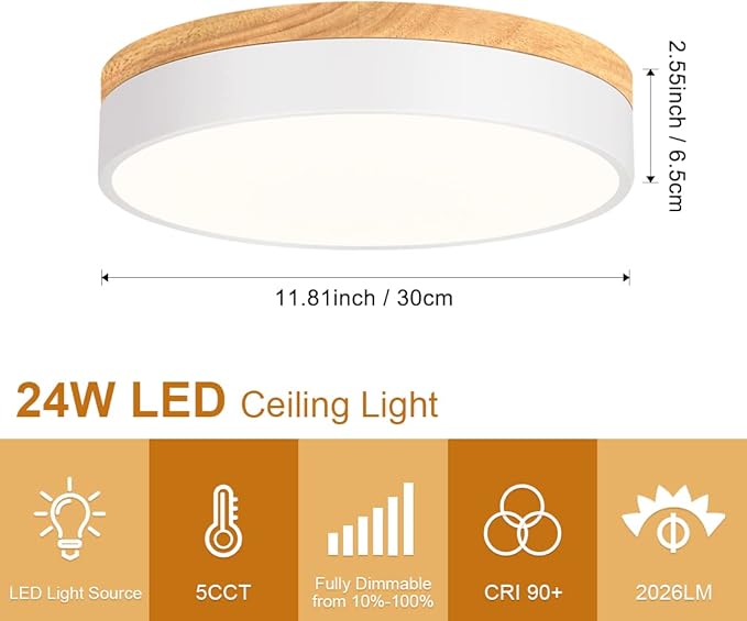 Dimmable Modern Wood Ceiling Light, White LED 5CCT 2700K-6000K Flush Mount Ceiling Lighting Fixture, Round Light Fixtures for Kitchen Entryway Hallway Bedroom Laundry Room-11.8in