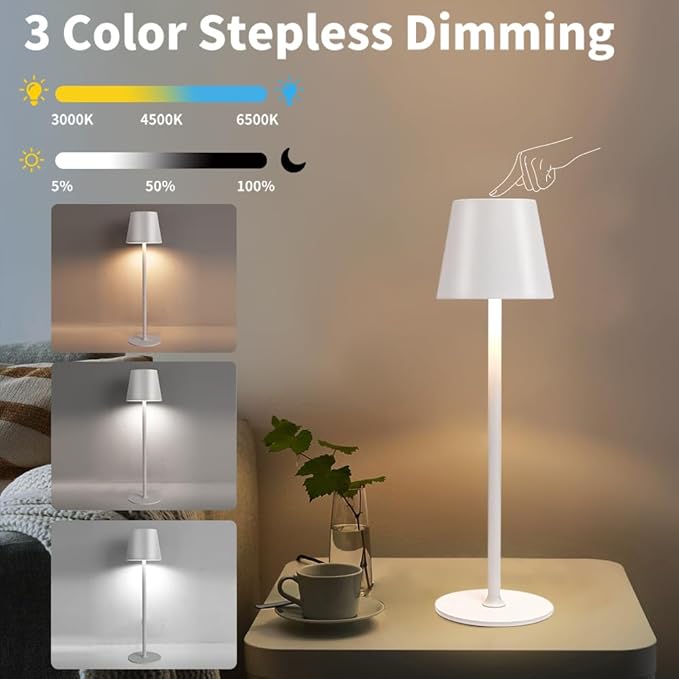 LED Cordless Table Lamps Set of 2,Portable Rechargeable 5000mAh Outdoor Table Lamp,3 Color Stepless Dimming Wireless Battery Powered Lamp, Table Light for Dinner/Patio/Restaurant/Bedroom(White)