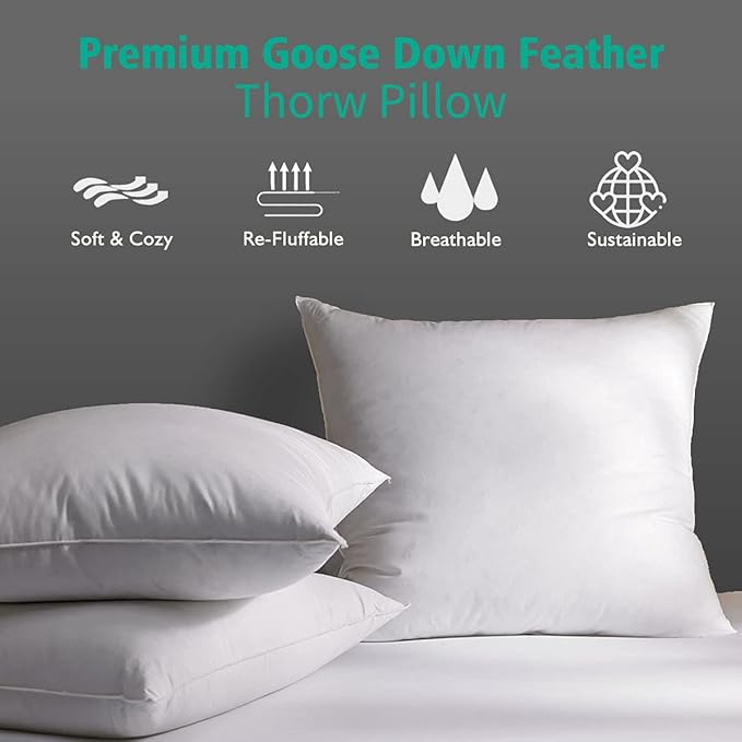 APSMILE Organic 16x16 Feather Down Throw Pillow Inserts Set of 2, 100% Cotton Fabric, Soft Fluffy Square Decorative Pillow Form Core for Sofa, Bed, Couch, Cushion Sham Stuffer