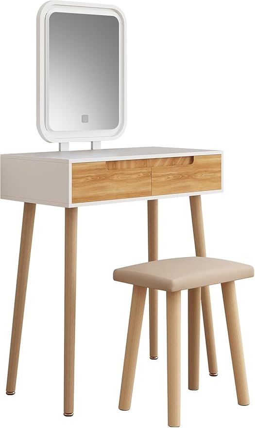 YOURLITE Makeup Vanity Desk with Lights, Small Vanity with Adjustable Brightness Mirror for Small Spaces, Vanity Desk with Drawers 27.5", Square Mirror Wood