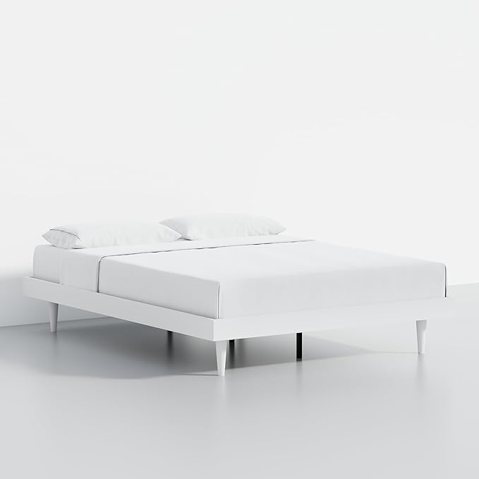 HavenWood Modern Solid Wood Platform Bed Base with Inset Wood Legs – No Box Spring Needed,Fast Assembly – Queen Size in White (No Headboard)