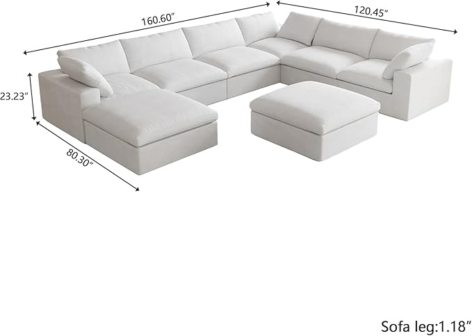 JACH 160" Cloud Sectional Couch, Overzised Down Filled Couch, 8 Seater Convertible Modular Cloud Sofa for Living Room, Minimalist Deep Seat Modern Couches,Sofa Cover Removable, White