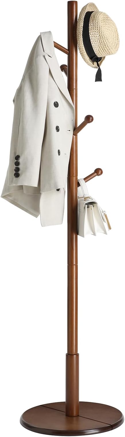 VASAGLE Solid Wood Coat Rack, Free Standing Hall Coat Tree with 7 Hooks, 3 Height Options, for Coats, Hats, Bags, Purses, for Entryway, Hallway, Rubberwood Hooks and Pole, Dark Walnut URCR07WN