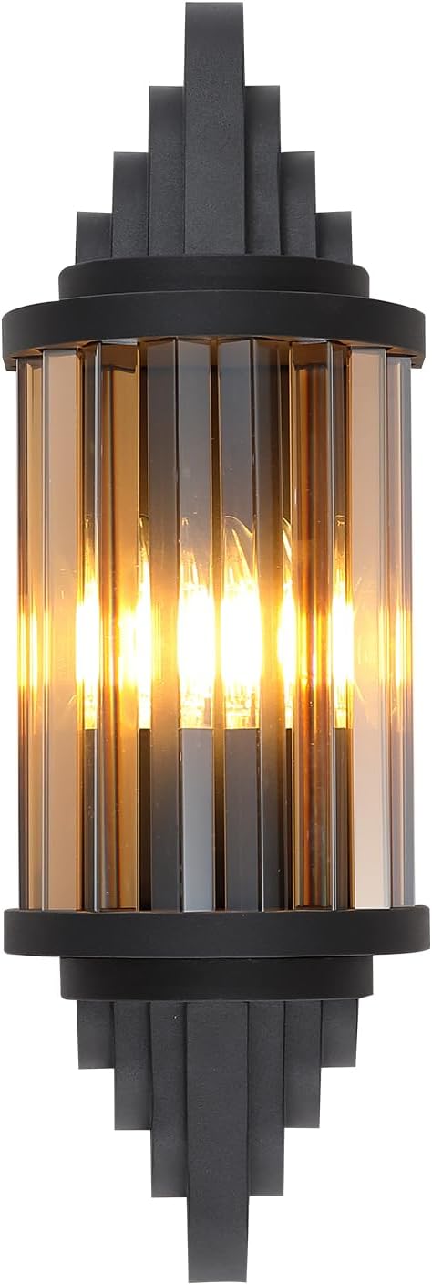 Rustic Black Wall Sconce with Amber Glass Vintage 2-Lights Antique Wall Light Fixture Retro Farmhouse Mid Centry Lantern Wall Sconce for Bedroom, Living Room, Mirror, Fireplace, E12