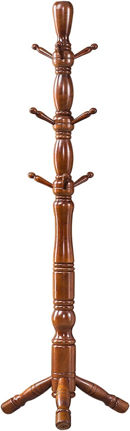 Wood Coat Rack Hall Tree, Stable Triangle Base Coat Tree with 3 Height Options and 9 Hooks, Vintage Coat Rack Freestanding for Hall Entryway, Bedroom and Home Office (Walnut)