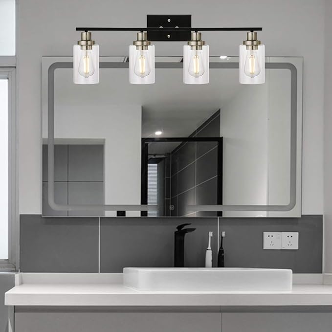 MELUCEE 4-Light Modern Vanity Lights with Clear Glass Shade, Black Bathroom Lighting Fixtures Over Mirror Brushed Nickel Wall Mount Lamp for Vanity Table Mirror Cabinets (Patent No.: US D963914 S)