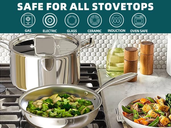 Umite Chef Stainless Steel Cookware Set, 5 Ply 14 Piece Stainless Steel Pot and Pan Set-Induction, Heavy Chef Quality, Oven Safe | Professional Kitchen Cooking Appliances, PFOA, PTFE & PFOS Free