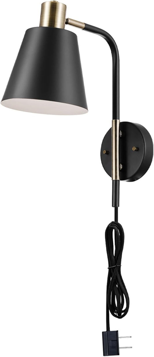GLOBE Electric 51374 Cleo 1-Light Plug-in or Hardwire Wall Sconce, Matte, Antique Brass Accents, Black Cloth Cord, 14.44