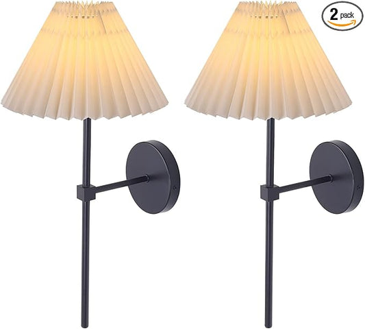 Wall Sconces Sets of 2, White Pleated Fabric lampshade Matte Black Wall Lamp, Column Bracket Wall Lighting, Bathroom Dresser Hardwired lamp Fixture, Applicable to Living Room, Bedroom and Dining Room