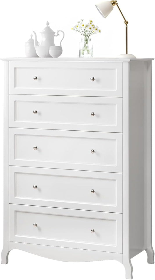 VINGLI White Dresser 5 Drawer Chest of Drawers for Bedroom, 44.5" Tall Wood Dresser with Drawers, 29.92" W*15.75" D*44.49" H