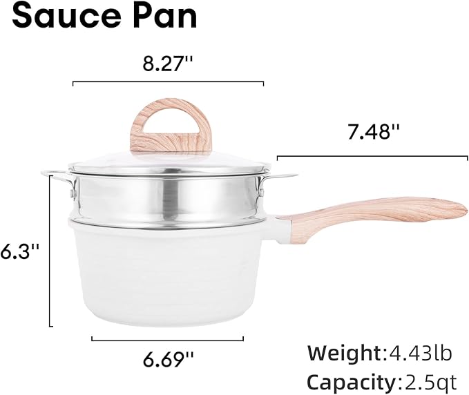 JEETEE 2.5 Quart Saucepan with Steamer Basket, Small Sauce Pot with Lid，Nonstick Coating with Pour Spout, Induction Compatible Cookware Sauce Pan for Cooking, PFOA/PFOS Free
