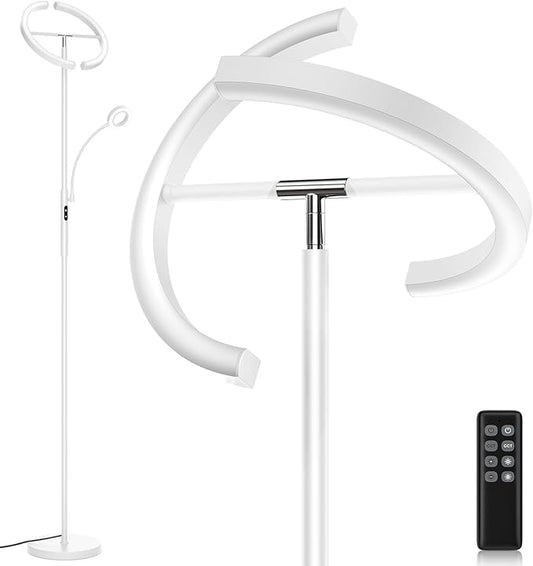White LED Floor Lamp - Dimmable 2 Lights Standing Lamp with Remote&Touch Control, 4 Color& 10 Brighness Adjustable Floor Reading Light, Modern Tall Lamp for Living Room Bedroom Office Corner