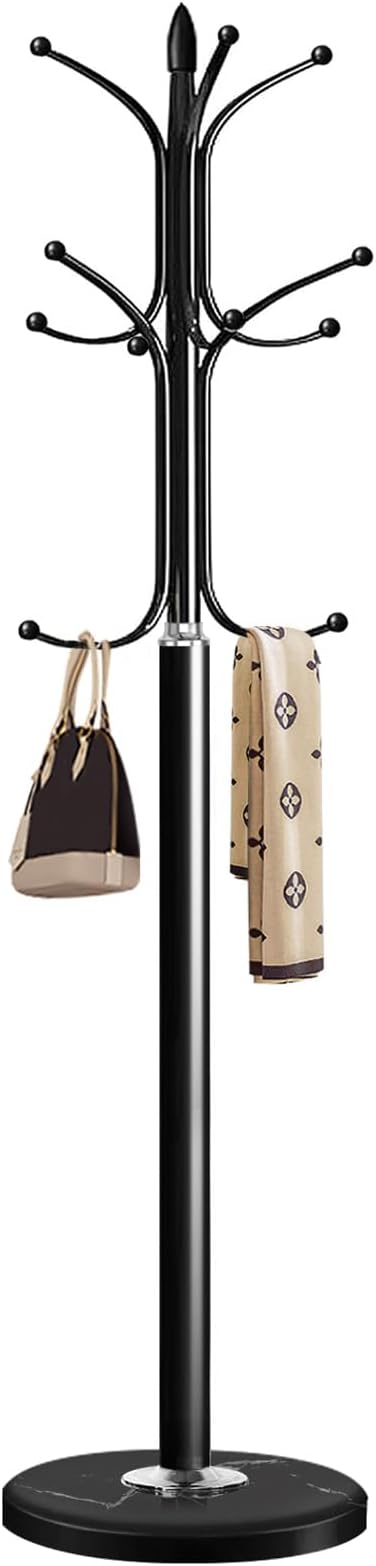 Metal Coat Rack Stand with Natural Marble Base, Coat Rack Freestanding, Free Standing Hall Tree with 12 Hooks for Hanging Clothes, Bags, Scarfs, Coat Hanger for Entryway, Hallway (Black)