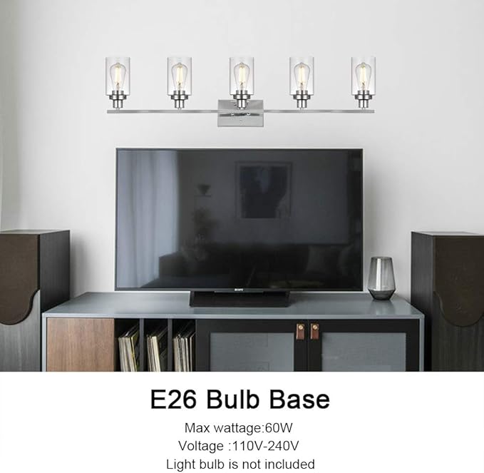 MELUCEE Modern Vanity Lights for Bathroom 5 Lights Chrome Finish with Clear Glass Shade, Contemporary Metal Wall Light Fixtures for Dressing Table Mirror Cabinets (Patent No.: US D963914 S)