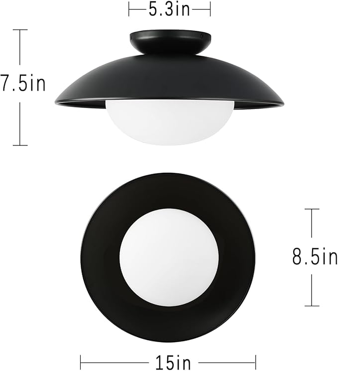 Soft Black 15in Semi Flush Mount Ceiling Light Fixture, Bowl Lampshade Style Vintage Close to Ceiling Light Fixture, Modern Flush Mount Light for Bedroom, Entryway, Corridor, Room Decor Lamp