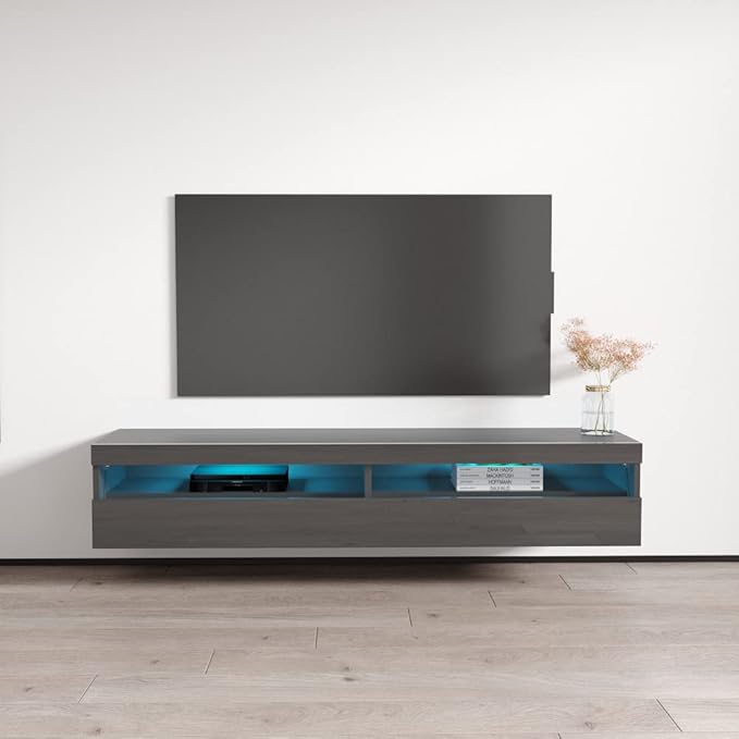 Meble Furniture Fly Type-35 TV Stand - Rectangular Shape Modern High Gloss TV Stand with Storage Cabinets & LED Lights - Media Entertainment Center Console Table for TV Up to 70" - Gray