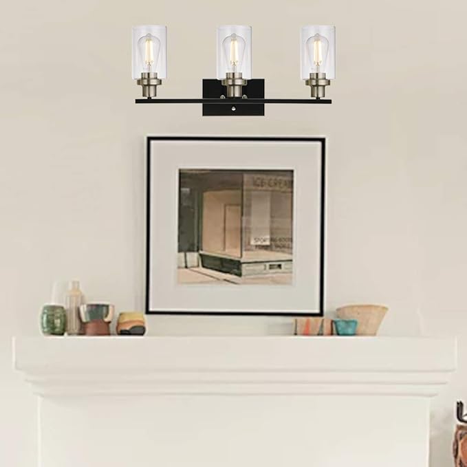 MELUCEE Modern Bathroom Lighting with Clear Glass Shade, 3-Light Black Vanity Light Wall Mount Lamp for Bedroom Vanity Table Bathroom Dressing Table, Brushed Nickel Socket (Patent No.: US D963914 S)