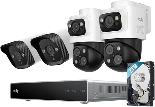 eufy PoE NVR Security Camera System S4, 24/7 Recording,Up to 16CH, 2TB HDD, 2 Bullet-PTZ Cams, 2 Bullet Cams, 360° PTZ, AI Auto Framing & Tracking, Smart Video Search, Color Night Vision
