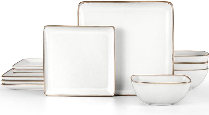 Herogo 12 Pieces Square Stoneware Dinnerware Dishes Set for 4, Handmade Dining Plates and Bowls Sets, Double Reactive Glaze, Microwave & Dishwasher Safe, Scratch Resistant, Ivory White