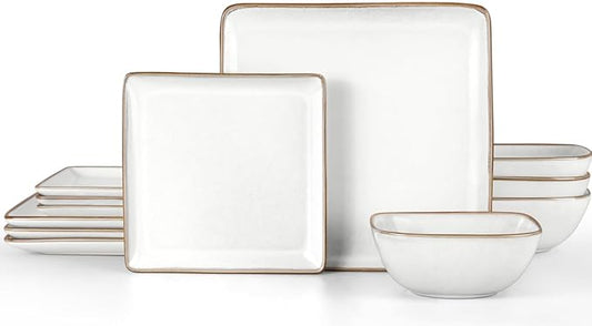 Herogo 12 Pieces Square Stoneware Dinnerware Dishes Set for 4, Handmade Dining Plates and Bowls Sets, Double Reactive Glaze, Microwave & Dishwasher Safe, Scratch Resistant, Ivory White