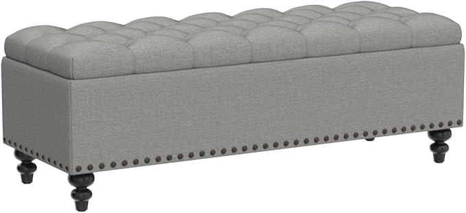 HUIMO Button-Tufted Ottoman with Storage in Upholstered Fabrics, Large Storage Bench for Bedroom, Living Room, Entryway, Bench with Safety Hinge Hold Up to 300lbs (Grey-Rivets)