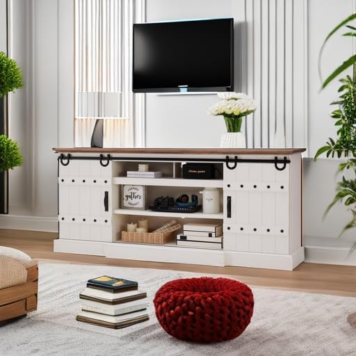 OKD 75" Farmhouse TV Stand for TVs Up to 85 Inches, Large Rustic Entertainment Center with Sliding Barn Door, Tall Highboy Media Console Table with Storage Cabinet for Living Room, Antique White