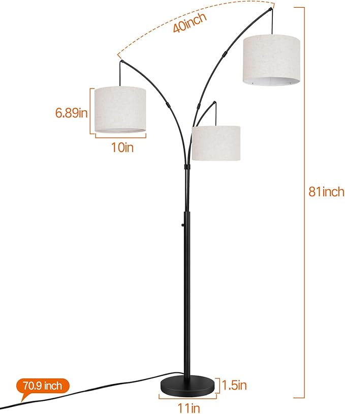 OUTON Floor Lamp with Remote Control, Modern Bright Lamps for Living Room, Adjustable 3-Light Tall Arched Lamp for Bedroom, Office, 2400lm Mid Century Design with Hanging Shade
