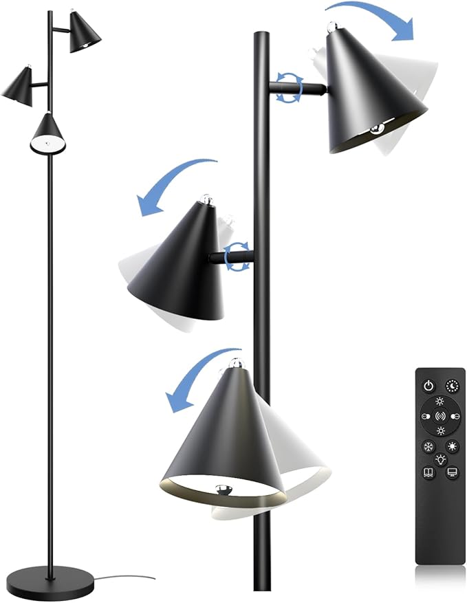 Floor Lamp 3 LED Lights Simple Design Tall Standing Rotatable Dimmable Lighting with Magnetic Remote Control for Bedroom Reading Room Office 5 Color Temperatures 6500K 63"