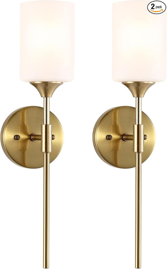 Gold Wall Sconce Set of 2 with White Cylinder Glass Shades Modern Mid Century Bathroom Vanity Wall Light Fixtures Industrial Brushed Brass Wall Lamp for Bedroom Mirror Living Room Restaurant