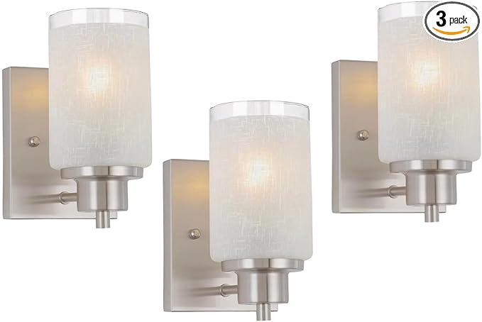 3 Pack Bath Vanity Light Fixture, Modern Indoor Wall Scone Lighting White Linen Frosted Glass Shades with Brush Nickle Finish Wall Lamps for Bathroom Kitchen Entryway Bedside