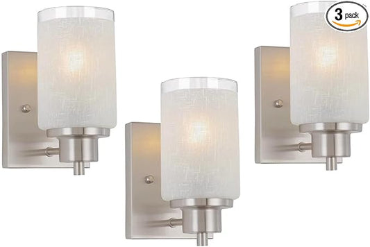 3 Pack Bath Vanity Light Fixture, Modern Indoor Wall Scone Lighting White Linen Frosted Glass Shades with Brush Nickle Finish Wall Lamps for Bathroom Kitchen Entryway Bedside