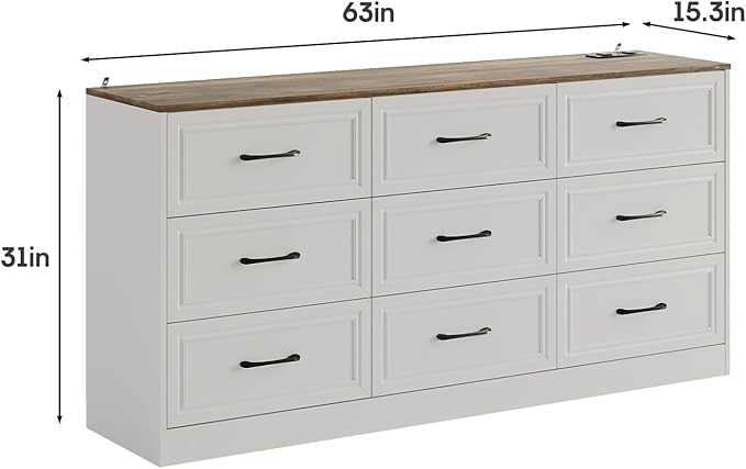 Fameill Dresser for Bedroom, 9 Drawer Wide Dresser Organizer with Charging Station, Tall Dresser for Hallway, Wood Dresser with Metal Handles, Farmhouse White