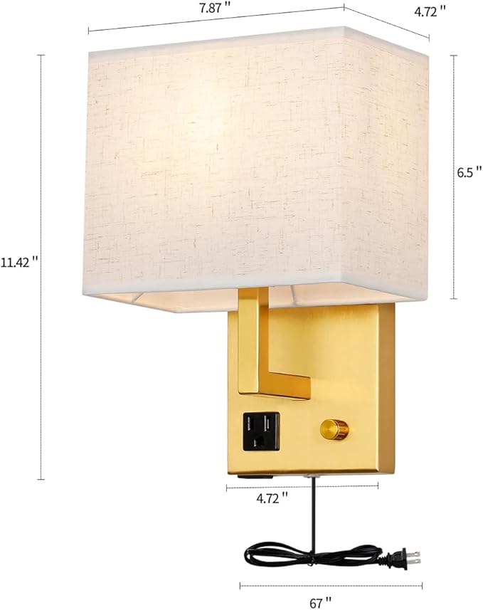 Plug in Wall Sconce, Bedside Wall lamp with Plug and dimmable Switch, with USB Charging Port and Socket, Suitable for Hotel, Corridor, Living Room and Bedroom Wall Light (Golden)