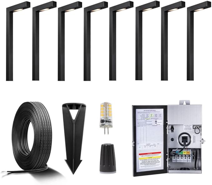 Black Brass Low Voltage Pathway Lights Kit(8 Pack) 12V LED with 150W Low Voltage Transformer and Mechanical Timer and 100FT Wire and 40Pack Connectors for Outdoor House Garden Sideway