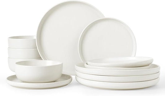 Famiware Milkyway Plates and Bowls Sets, 12 Pieces Dinnerware Sets, Reactive Glaze Dish Set, Stoneware Dishes Set for 4, Matte White