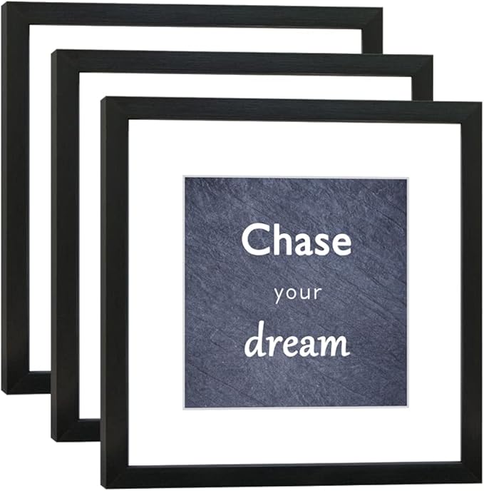 12x12 Black Picture Frame Set of 3 for Pictures 8x8 with Mat or 12x12 Without Mat, Wall or Tabletop Gallery Photo Frames with Real Glass