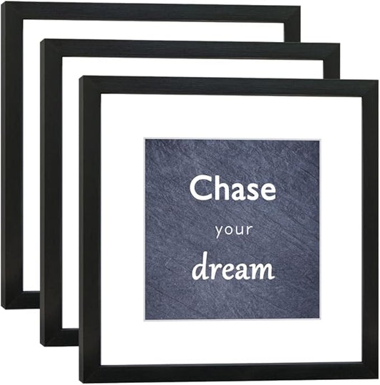 12x12 Black Picture Frame Set of 3 for Pictures 8x8 with Mat or 12x12 Without Mat, Wall or Tabletop Gallery Photo Frames with Real Glass