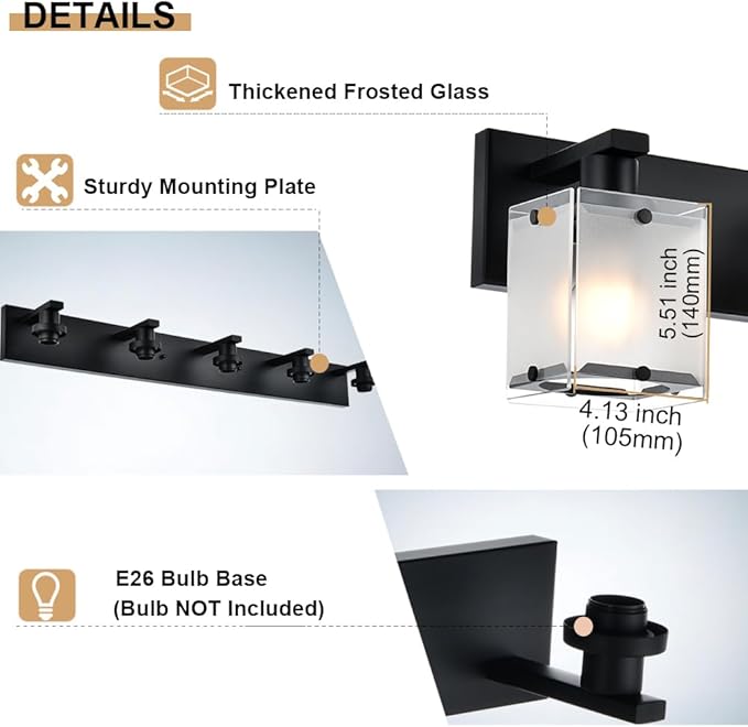 Black Wall Sconce Lighting, 2-Light Bathroom Vanity Light Fixture Wall Mount Lamp Over Mirror for Bedroom Bedside Studty Living Room, Rectangular Frosted Glass Shade