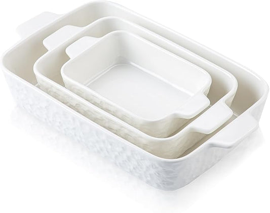 YUN TAO Casserole Plates for Oven Ceramic Baking Pan Ceramic Baking Pan Rectangular Bakeware Pan with Handle for Baking Cake Kitchen Cake Dinner Set of 3 (3 Pieces, White)