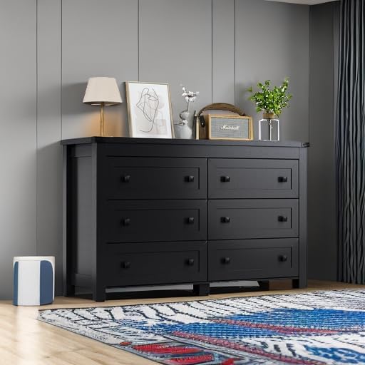 Black Dresser for Bedroom with 6 Drawers, Modern Chest of Drawers, Wood Dressers Bedroom Furniture Wide Storage Organizer, 6 Drawer Dresser for Closet, Living Room, Hallway