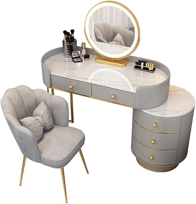 KWOKING Contemporary Make-up Vanity with Slate Stone Top & Storage Drawers Bedroom Dressing Table Storage Cabinet Integrated Table Gray White - Makeup Vanity & Mirror & Petal Chair 39"L x 16"W x 31"H