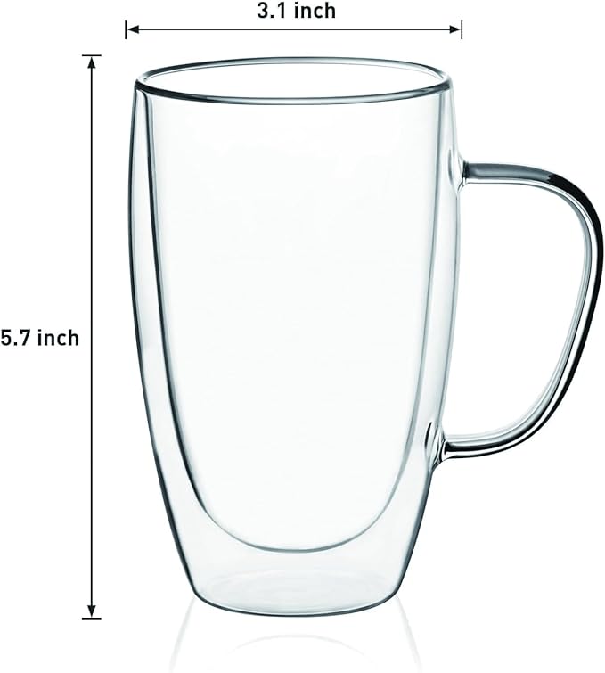Espresso Cups Set Of 2, Double Walled Glass Coffee Mugs with Handle,Insulated Layer Coffee Cups,Clear Borosilicate Glass Mugs,Perfect for Cappuccino,Tea,Latte,Espresso (15oz-2Pack)