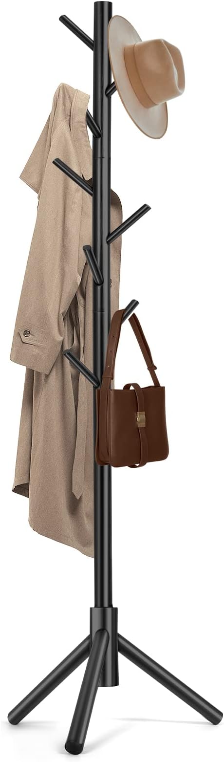 Solid Wooden Coat Rack Freestanding, New Zealand Pine Coat Tree with 8 Hooks & 3 Adjustable Sizes for Coats, Hats, Handbags and Scarves, Space Saving for Entryway/Office/Bedroom (Black)