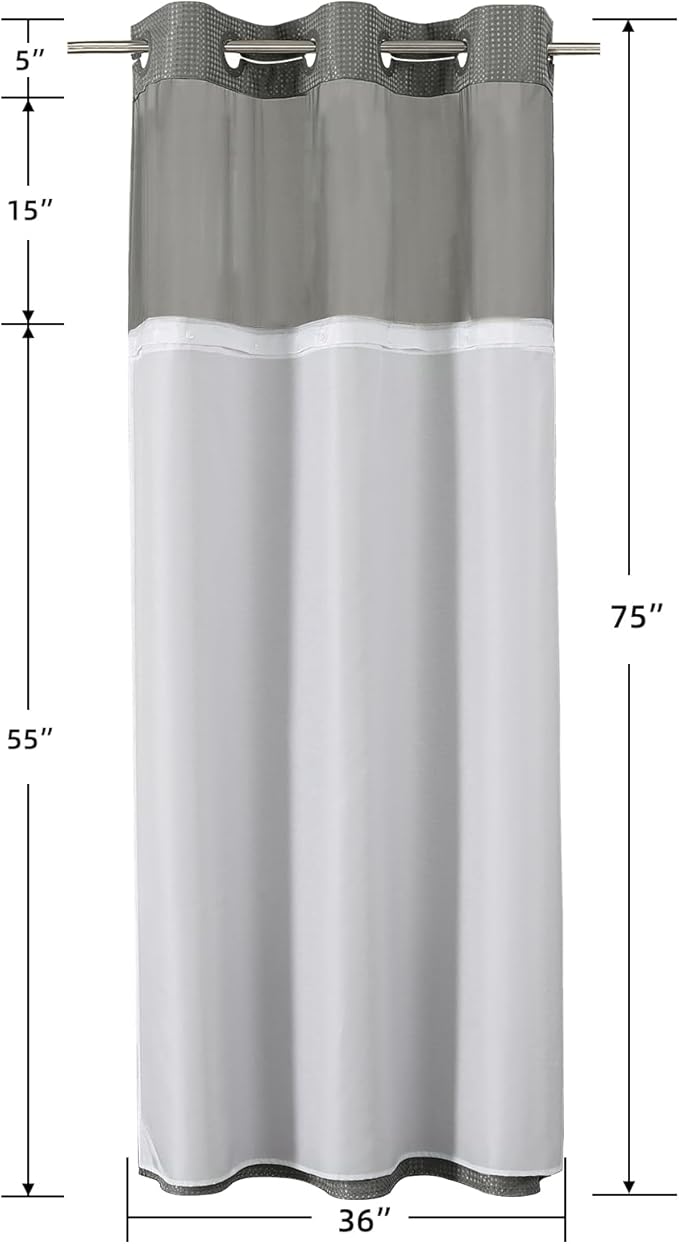 Colorful Star Small Stall Waffle Weave Shower Curtains, 256GSM Heavy Duty Shower Curtain with Snap in Fabric Liner, Hotel Style No Hook Waterproof Bathroom Curtain Set, 36 x 75 Inch, Grey